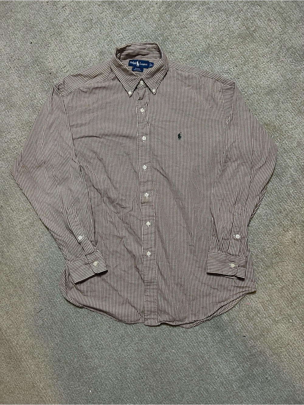 Ralph Lauren Blake Shirt Mens L Brown Tan Glen Plaid 100% Cotton Green Pony 90's